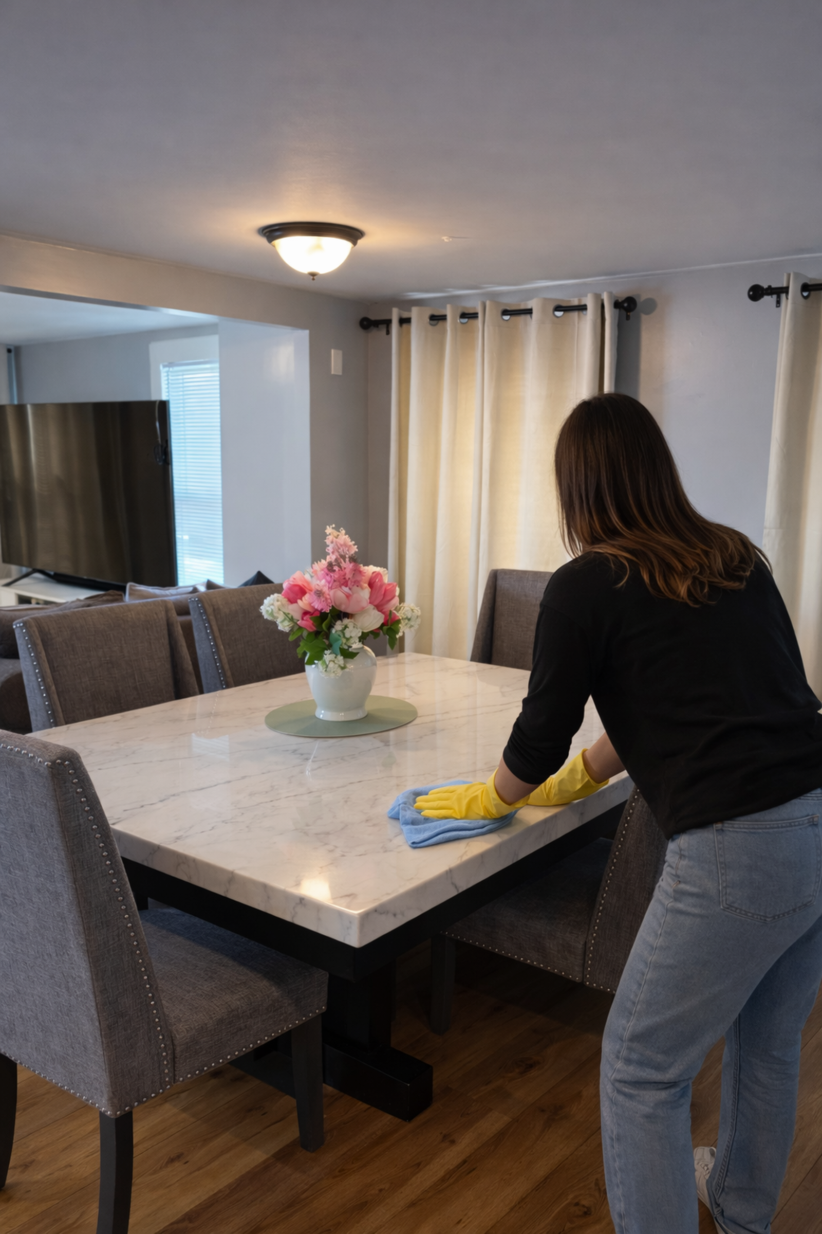Cleaner wiping a dining table in a bright home